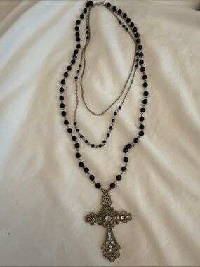 Vintage Style Filigree Cross Necklace Black Beads Rhinestone Statement Gothic